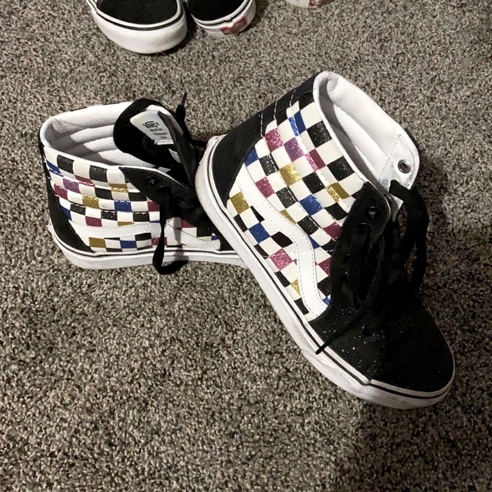Vans Women's High-Top Glitter Checkerboard Sneakers - Black, Gold, Blue, Pink